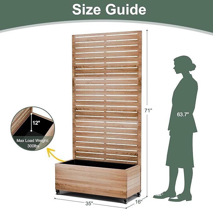 Metal Planter Box with Trellis Privacy Screen, Outdoor Raised Garden Beds with Wheels & Drainage Holes (35" L, Brown Oak Grain)