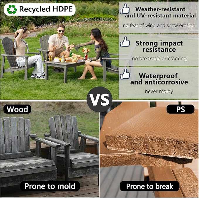 nevilywood Compact Stackable Adirondack Chairs Set of 2, 26.3" Wide HDPE Outdoor Patio Chairs - Durable, Space-Saving Design for Porch, Lawn or Garden, Grey