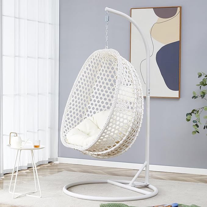 Hanging Egg Chair with Stand, Egg Swing Chair with Stand Indoor Outdoor, White Wicker Swing Egg Chair for Adults, Hammock Chair with Comfortable Cushion and Stable Round Metal Base for Bedroom Patio