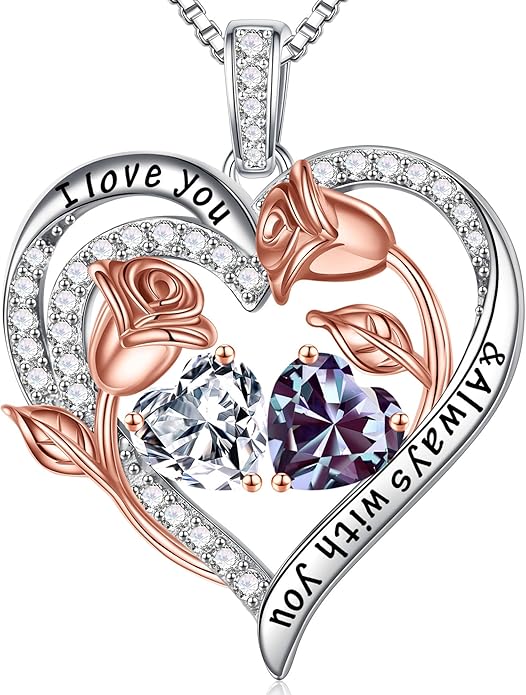 Iefil Christmas Gifts for Women Wife - 925 Sterling Silver Rose Heart Birthstone Necklace Birthday Anniversary Jewelry Gifts for Her Wife Mom Daughter
