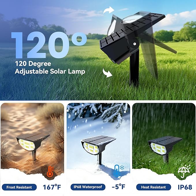 Solar Spot Lights Outdoor IP68 Waterproof, Ultra-Bright Performance，Simple Modes for Easier Operation, Auto On/Off，Solar Powered Landscape Lights for Garden, Yard, Pathway (Warm White, 8 Pack)