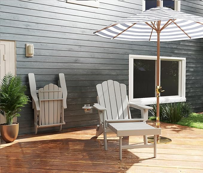 FOOWIN Adjustable Adirondack Chair with Retractable Ottoman Set of 8, Folding Adirondack Chair with Cup Holder, HDPE All-Weather Fire Pit Chair for Patio, Yard, Poolside,White