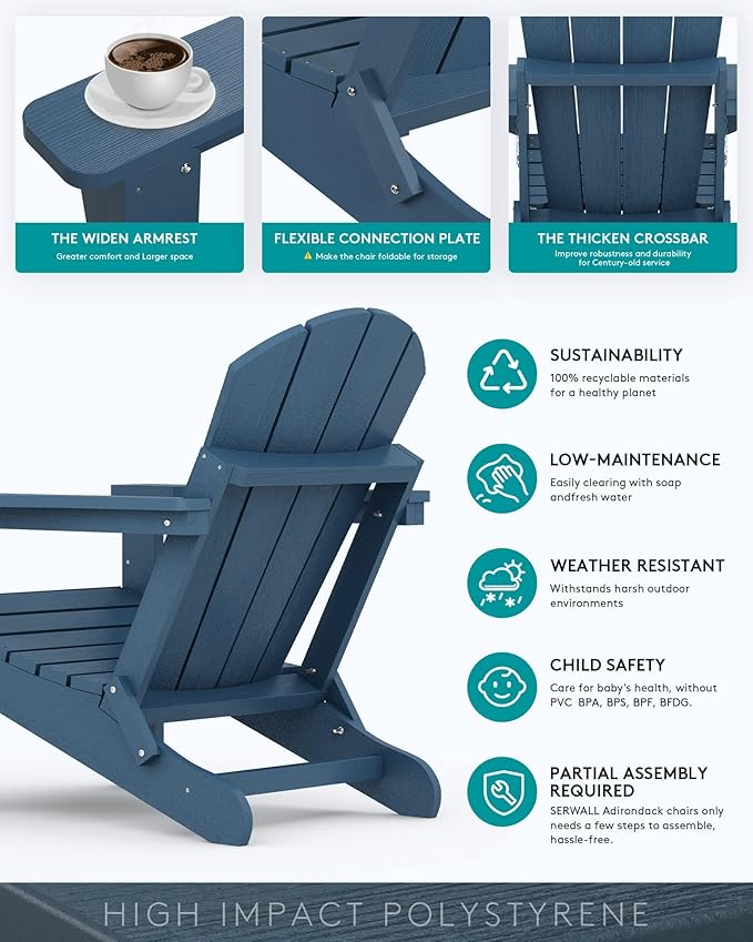 SERWALL Folding Adirondack Chair Patio Chair Lawn Chair Outdoor Adirondack Chairs Set of 8 Weather Resistant for Patio Deck Garden, Backyard Deck, Fire Pit - Blue