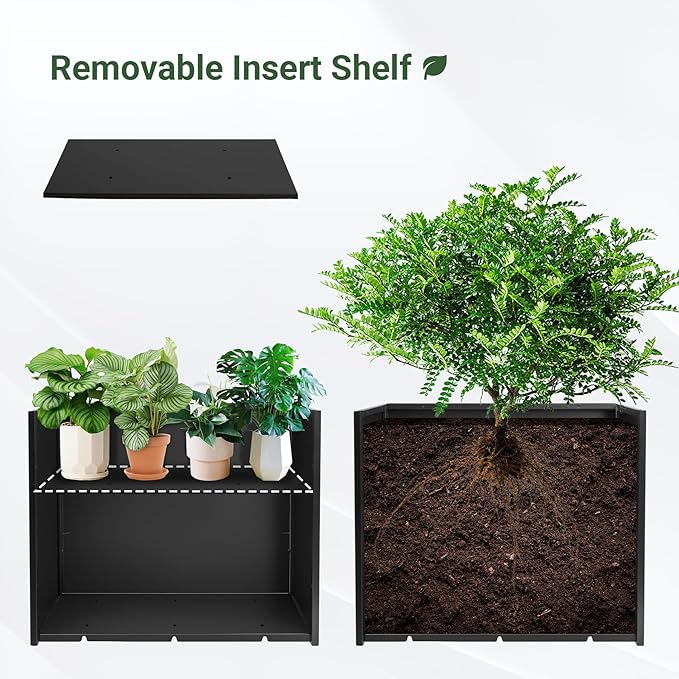 Metal Planter 30" x 12" x 24", Tall Box With Removable Insert Shelf, Black Steel Heavy Duty for Porch, Garden, Patio, Yard