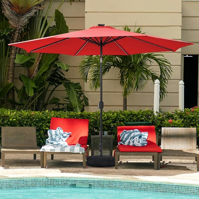 Sundale Outdoor Olefin 5-Year-Non-Fading Solar 88 LED 10FT Solar Patio Umbrella with Sand Bag Base, Outdoor Umbrella with Tilt and Crank, Red