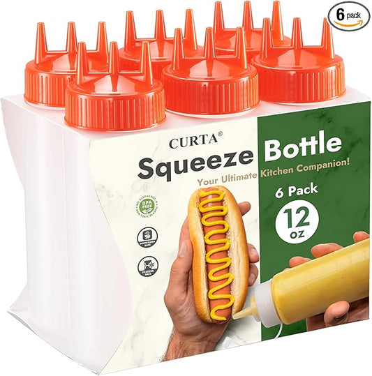 CURTA 6-Pack 12 oz Clear Squeeze Bottle with 3 Open Tips, BPA-Free Easy-to-Squeeze Plastic Condiment Dispenser with oz & ml Markings for Sauce, Oil, Dressing, Dishwasher Safe, Red