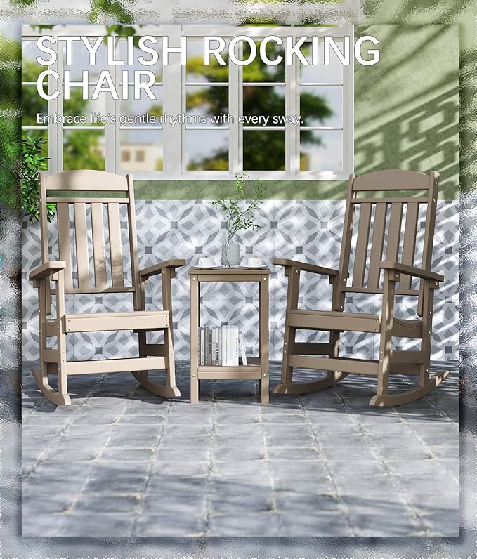 FOOWIN Outdoor Rocking Chair Set of 8, High Back Patio Rocking Chair, HDPE All Weather Resistant Porch Rocker for Adult, Oversized Rocking Chairs for Garden, Lawn, Indoor & Outdoor Use, Brown