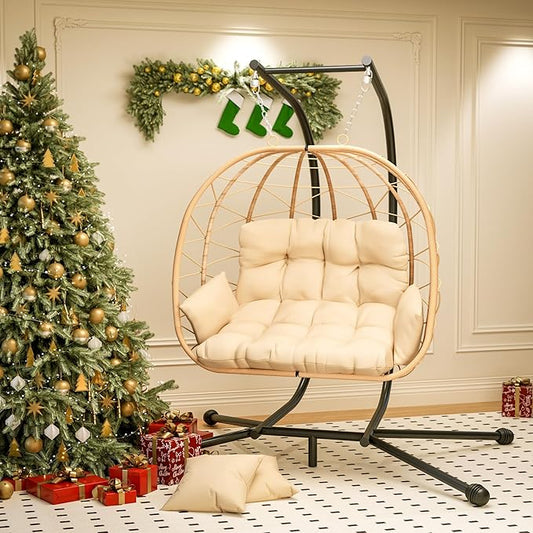 Pamapic Double Egg Chair wth Stand, 700 LBS Loveseat Rattan Swing Chair, UV Resistant Cushions with Armrests and Headrest, Thick Steel Frame Hammock Swing for Outdoor, Patio, Indoor(Beige)