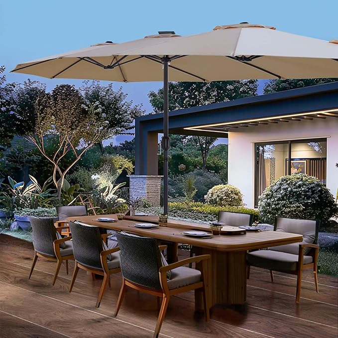 wikiwiki 15ft Large Patio Umbrellas with Base Included, Outdoor Double-Sided Umbrella with Crank Handle, Powerful UV Protective, for Pool Lawn Garden, Tan