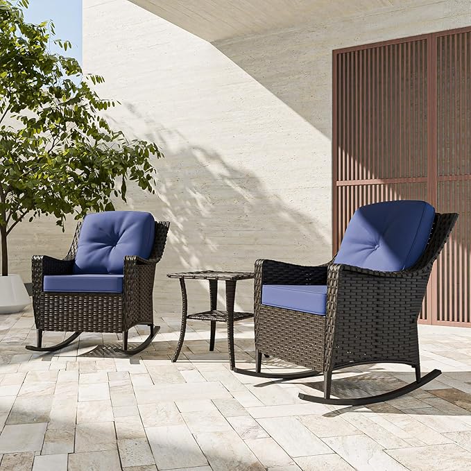 COOS BAY Stone Harbor Patio Bistro Set, 3 Piece Rattan Patio Table and Chairs Set, Wicker Rocking Chairs with Side Table, Small Balcony Furniture Set, Brown/Blue