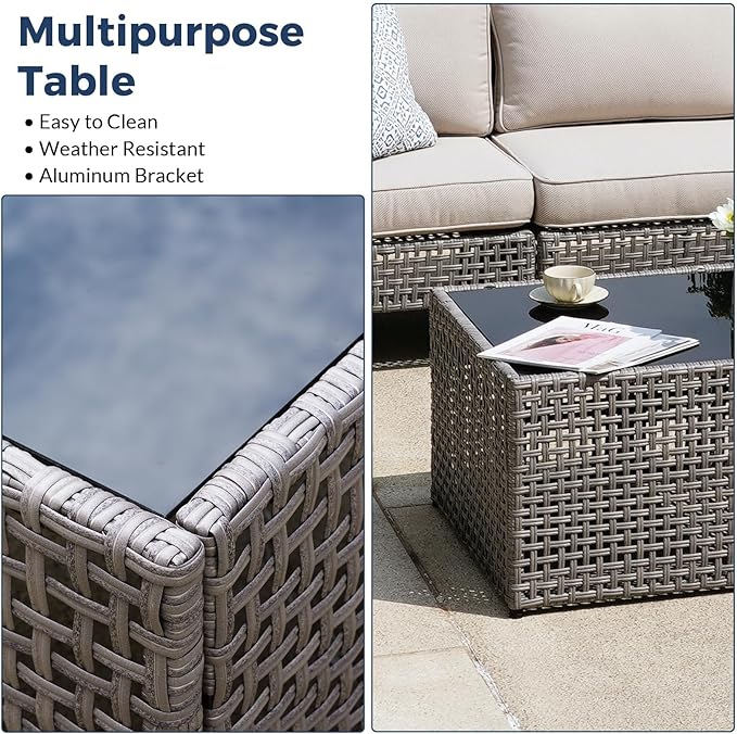 7-Piece Patio Rattan Furniture Set with 4 Armchairs, 2 Armless Chairs and Table, Modular Outdoor Wicker Sectional Sofa with Beige Cushions for Backyard, Porch, Garden