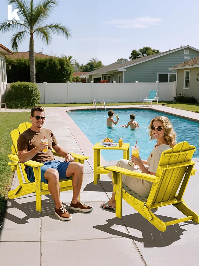 KINGYES Adjustable Folding Adirondack Chair Set of 2, 3-Position Reclining Adirondack Chairs with Cup Holder, HDPE All-Weather Oversized Adirondack for Outdoor, Patio, Backyard Deck, Fire Pit, Yellow