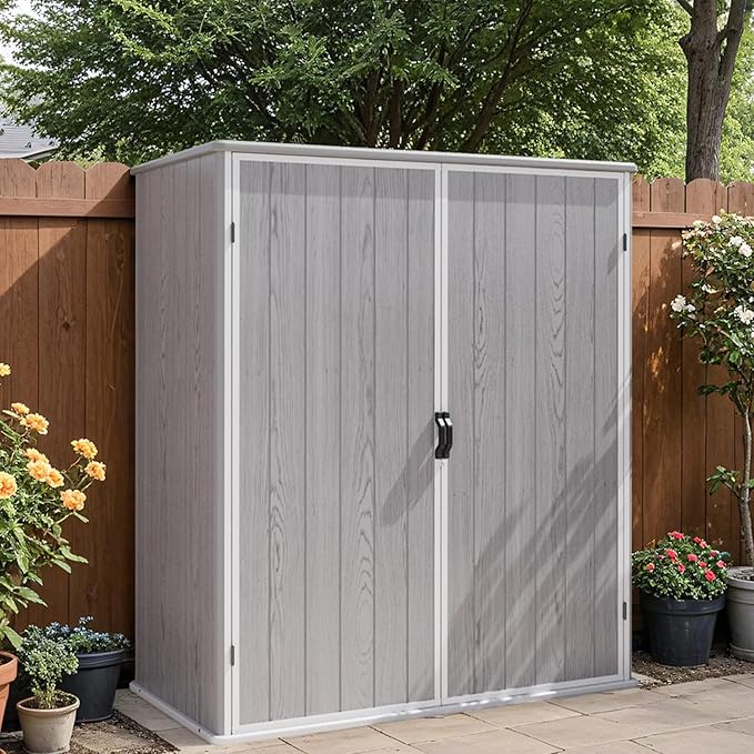Patiowell Outdoor Storage Shed 5x3 FT, Plastic Garden Organizer Cabinet with Lockable Doors & Strong Roof for Patio Furniture, Pool Accessories, Lawn Tools, Light Grey