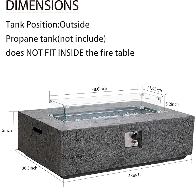 48" Outdoor Propane Fire Pit Table, Rectangle Fire Table w Glass Wind Guard(50,000 BTU), 2 Piece Slate Gas Fire Table in Dark Grey w Fire Glass, Rain Cover for Outside, Backyard