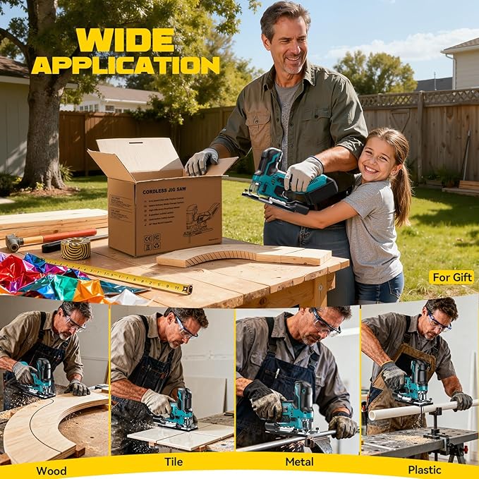 Ecarke Cordless&Brushless Jig Saw Compatible With Makita 18V Battery, 3800RPM, 7 Speeds Dial Control, Free-Tool ±45° Bevel Cuts, 4 Orbital Action, Dust Blows and 6 Blades For Cutting (Exclude Battery)