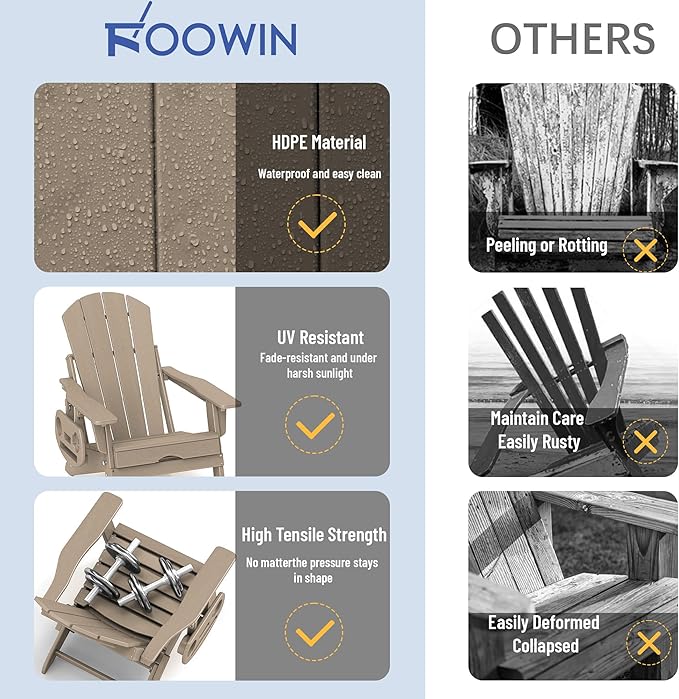 FOOWIN Adirondack Chair with Retractable Ottoman,HDPE Folding Adjustable Adirondack Chair w/4 in 1 Cup Holder Trays,All-Weather Resistant Fire Pit Chair for Outdoor Patio Lawn Set of 6