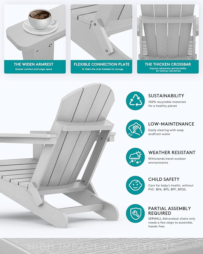 SERWALL Foldable Adirondack Chair Set of 2 for Patio Garden Outdoors Fire Pit-Space Grey