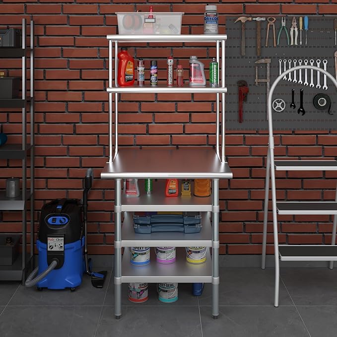 Amgood 30" x 30" Stainless Steel Work Table with 3 Shelves and 18" Wide Double Tier Overshelf | Metal Kitchen Prep Table & Shelving Combo | NSF