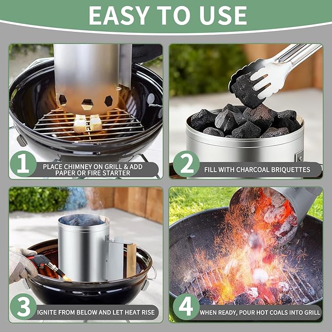 Charcoal Chimney Starter Compatible with Weber, Compact Chimney Starter for Grill, Rapid Fire Charcoal Lighter, with Heatproof Wooden Handle, BBQ Grill Tools for Outdoor Grilling and Camping