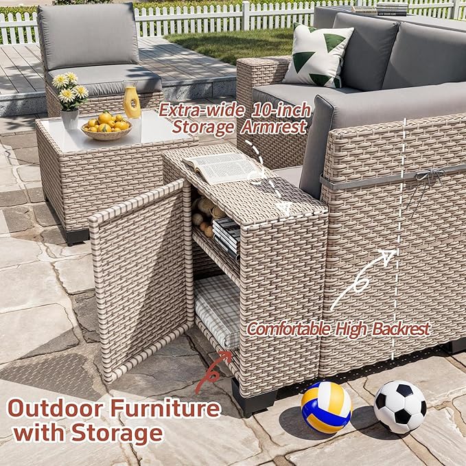 7 Pieces Patio Furniture Set with Fire Pit Table, Outdoor Sectional Wicker Sofa with Thickened Cushions and Coffee Table, High Back Rattan Patio Conversation Sets, Grey