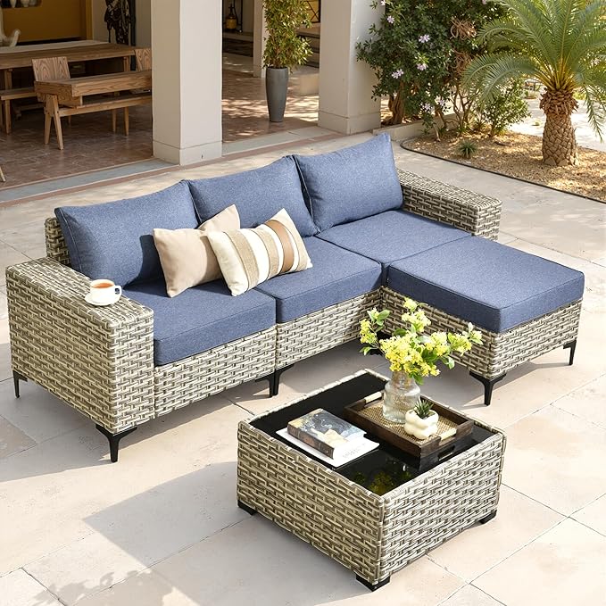 ovios 5 Pieces Patio Furniture Set Outdoor Sectional Sofa Couch with Deep Seat Chaise Comfy Cushions, Modern Modular Wicker Rattan Conversation Set Porch Deck Garden, Denim Blue