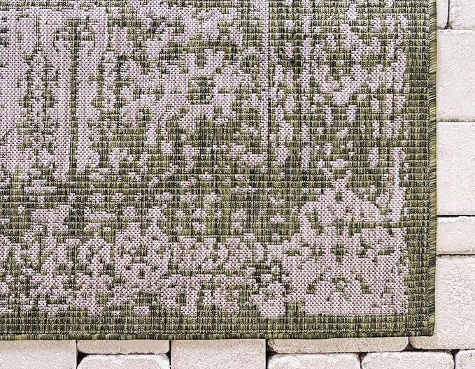 Unique Loom Outdoor Traditional Collection Area Rug - Timeworn (9' x 12' Rectangle, Green/ Gray)