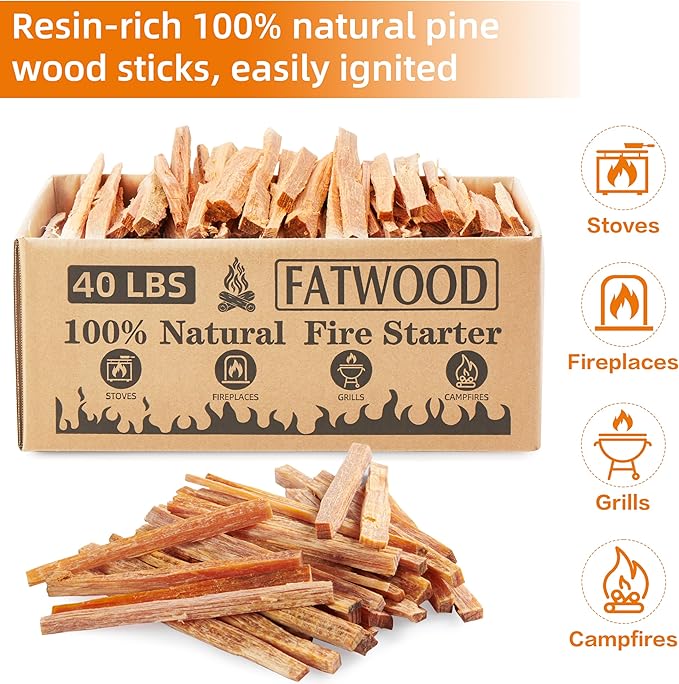40 lbs Fatwood Fire Starter Sticks, 100% Natural Kindling Firewood Firestarter for Stoves, Pine Wood for Fireplaces, Campfires, Bonfires, Grill