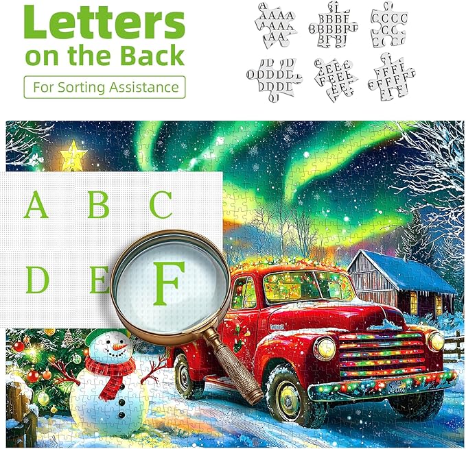 Winter Christmas Holiday Jigsaw Puzzle, 1000 Pieces, Snowy Village Scene with Classic Red Car, Snowman