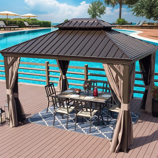 Kozyard Alexander 10' X 12' Hardtop, Aluminum Metal Gazebo with Galvanized Steel Double Roof Canopy, Curtain and Netting, Permanent Pavilion for Patio, Backyard, Deck, Lawn (Brown)
