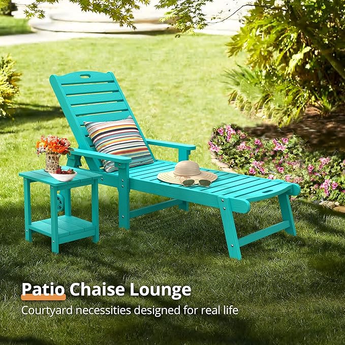 LUE BONA Chaise Lounge Chairs Set with Table, 6-Piece, 79'' Oversized HDPS Chaise Lounger, 5 Positions Adjustable Lounge Chairs, Pool Lounge Chair with Wheels for Poolside, 3 Year Warranty, Aruba Blue
