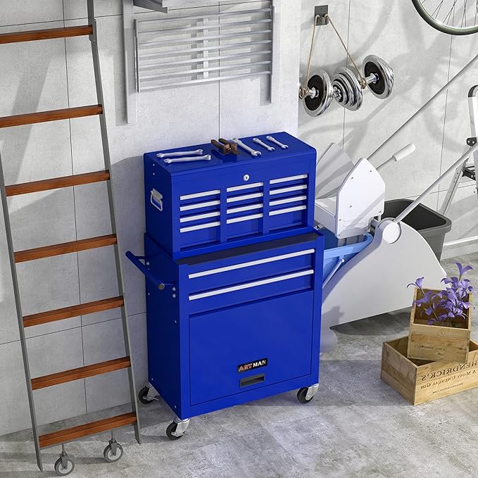 8 Drawers Rolling Tool Box Organizer,High Capacity Tool Chest with Wheels,Lockable Rolling Tool Chest with Bottom Cabinet, Tool Box Rolling Workshop Storage Cabinet (8 Drawers(Blue))