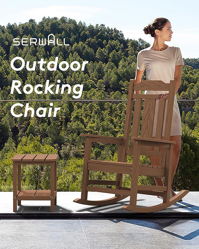SERWALL Outdoor Rocking Chair Set of 6, Patio Rocking Chair Sets, HDPE Rocking Chair for Adults, Brown