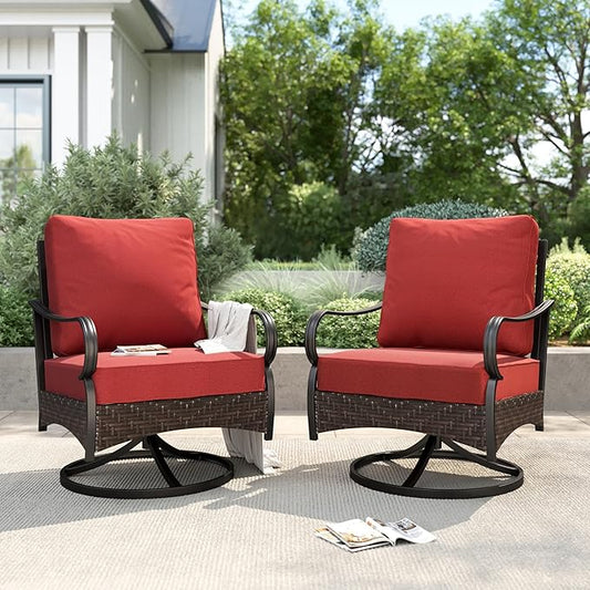 PHI VILLA Patio Swivel Chairs Set of 2, Outdoor Wicker Chairs with Thick Cushion, All Weather High Back Outdoor Furniture for Balcony Porch and Yard
