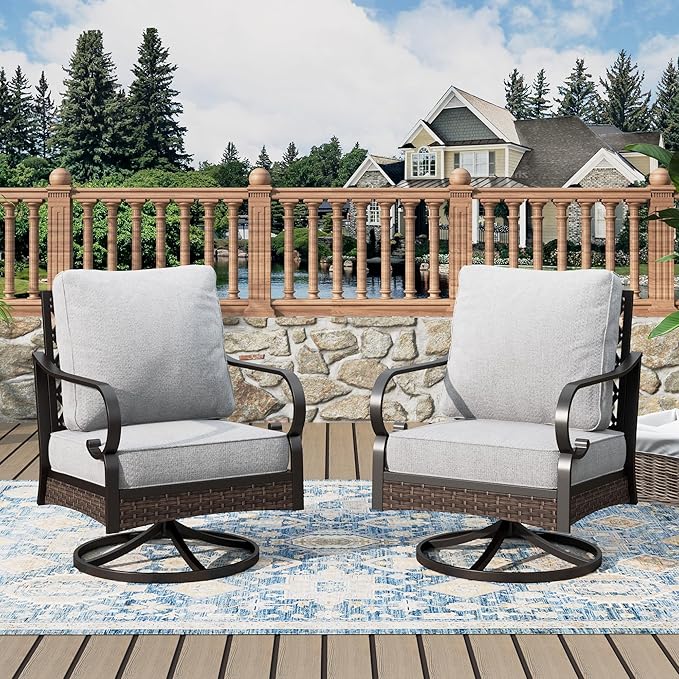 Outdoor Patio Swivel Sofa Chairs Set of 2 Steel Frame Porch Furniture with Deep Seating and 5.75" Cushions for Lawn Backyard Deck, Light Grey