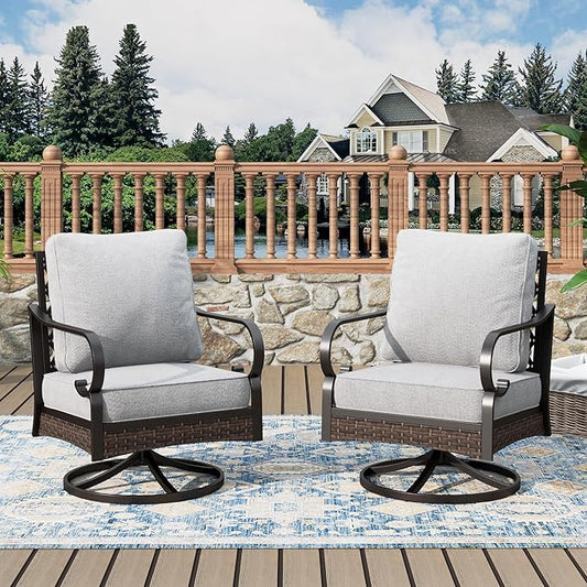 Outdoor Patio Swivel Sofa Chairs Set of 2 Steel Frame Porch Furniture with Deep Seating and 5.75" Cushions for Lawn Backyard Deck, Light Grey