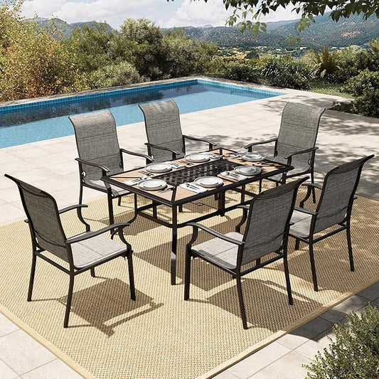 HERA'S HOUSE 7 Pieces Patio Dining Set, Outdoor Dining Set for 6, 6 x All Weather Textilene Padded Patio Dining Chair, 1 x Rectangular Large Surface Wood Like Dining Table, for Lawn Garden Backyard