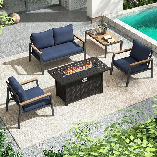 JOIVI Aluminum Outdoor Patio Furniture Set with 45” Fire Pit Table, 5 Pieces Patio Conversation Set with 50000BTU Propane Fire Pit, 4 Seats Outdoor Sectional Sofa Set with Coffee Table, Navy Blue