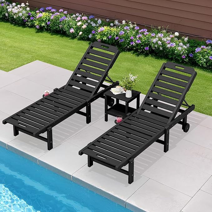 SERWALL Patio Lounge Chair Set of 2, HDPE Outdoor Lounger with Cup Holder, 5 Positions Adjustable Pool Lounger with Rolling Wheels for Poolside, Black