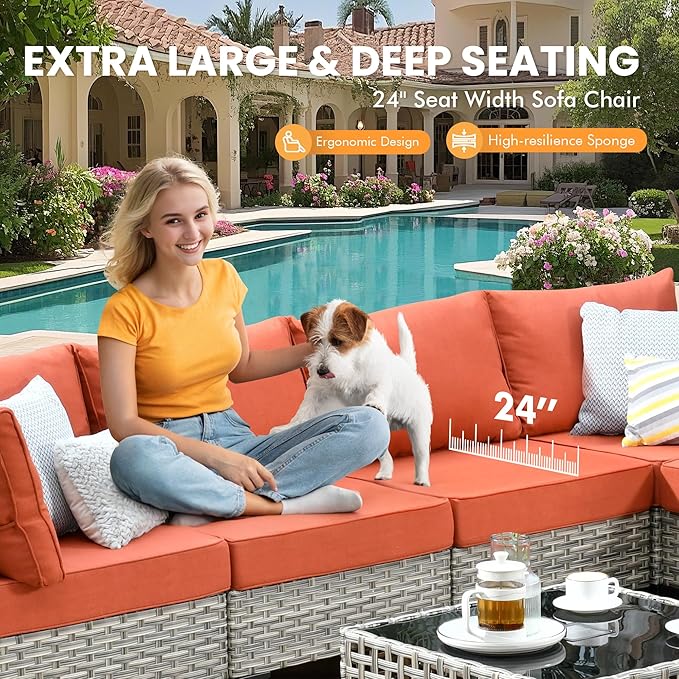 Outdoor Sectional Patio Furniture Set with Glowing Table,5 Pieces Wicker Conversation Sets L Shaped Couch Out Door Sofa Set Outside Furniture for Garden Deck Yard Porch,Red,