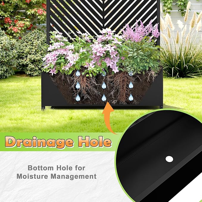 Metal Raised Garden Bed with Trellis, 2-in-1 Planter Box & Privacy Screen for Climbing Plants, Outdoor Standing Flower Bed with Drainage Holes, 35.4" L x 15.7" W x 70.1" H, Black-Parallel