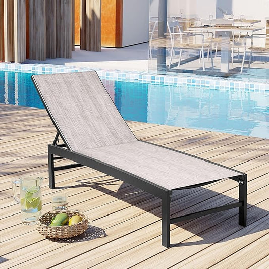 Patio Aluminum Chaise Lounge Chair, Outdoor Recliner Lounge Chair Sun Loungers, All Weather Chaise with 5 Adjustable Backrest and Lay Flat Positions for Garden, Balcony, Pool, Earth