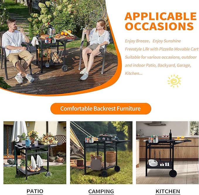 PIZZELLO Outdoor Grill Table Cart 35" x 22" Movable Pizza Oven Stand Foldable Double-Shelf Grill Cart Food Prep Trolley Dining Cart Fit for Ooni Ninja Woodfire Blackstone Pizza Oven