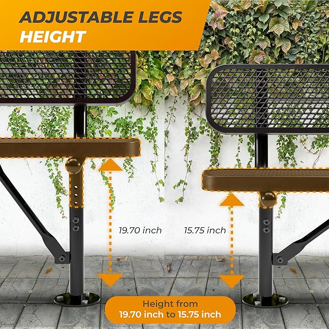 Heavy-Duty Outdoor Metal Bench, Thermoplastic-Coated, Surface, Weatherproof, Commercial-Grade for Parks, Gardens, Patios, Stores & More (8 Ft - Surface with Back, Black)