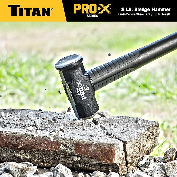 Titan Pro-X 63018 8lb Sledge Hammer, Dual-Face Sledge with Cross-Pattern Face for Concentrated Power & Flat Face for Stake Driving, Overstrike Protection, 36" Fiberglass Handle with Textured Grip