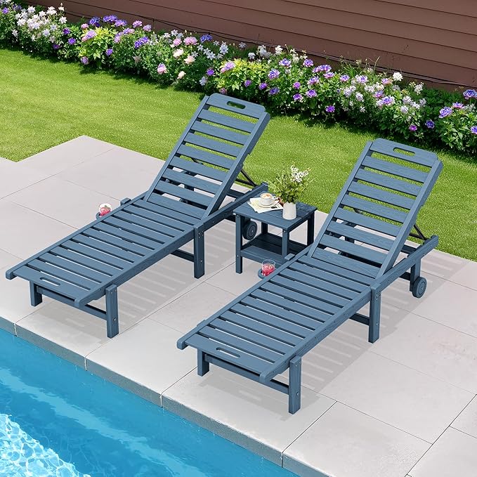 SERWALL Patio Chaise Lounge Set of 2, Outdoor Lounger with Cup Holder and Rolling Wheels, HDPE Pool Chaise for Poolside, Deck, Sunbathing, Blue