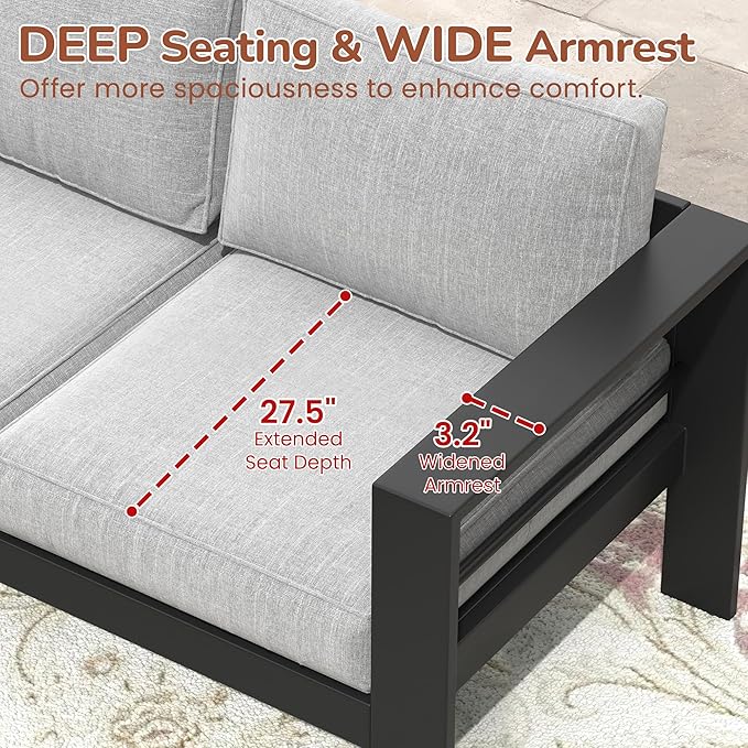 Solaste Aluminum Patio Furniture Set for All Weather, Oversized Metal Outdoor Furniture Set with 27.5" Deep Seating and 3.2" Wide Armrest, Patio Conversation Set with 5" Cushion, Black and Grey