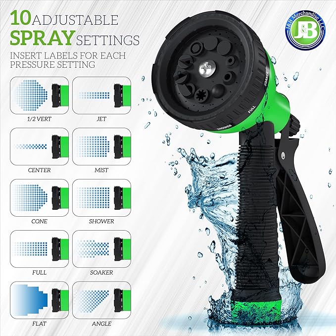 J&B XpandaHose 100ft Expandable Garden Hose with Holder - Heavy Duty Superior Strength 3750D - 4 -Layer Latex Core - Extra Strong Brass Connectors and 10 Spray Nozzle w/Storage Bag (Green 100)