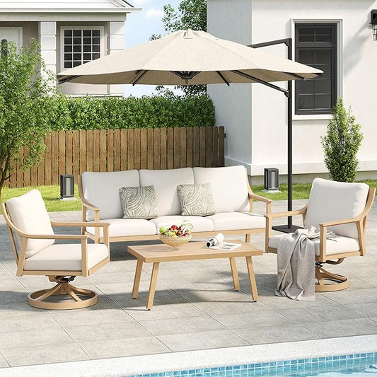 Patio Conversation Sets 4 Pieces - Aluminum 3 Seater Sofa Outdoor Furniture Sets with Thick Cushion, Coffee Table and Swivel Chairs Set of 2, Rustproof and Waterproof for Porch Deck Yard,Beige