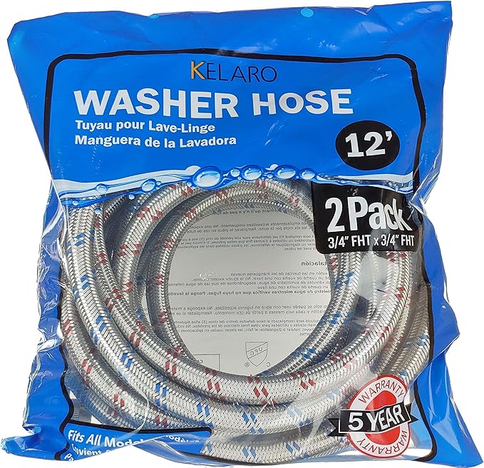 Premium Stainless Steel Washing Machine Hoses with 90 Degree Elbow, 12 Ft Burst Proof (2 Pack) Red and Blue Striped Water Connection Inlet Supply Lines