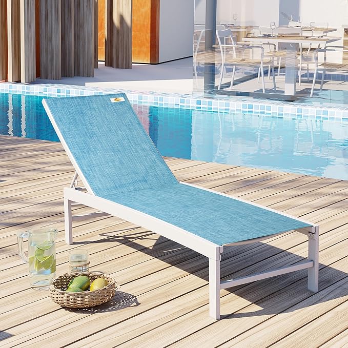 Patio Aluminum Chaise Lounge Chair, Outdoor Recliner Lounge Chair Sun Loungers, All Weather Chaise with 5 Adjustable Backrest and Lay Flat Positions for Garden, Balcony, Pool